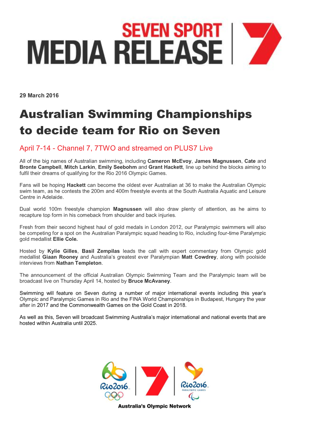 Australian Swimming Championships to Decide Team F