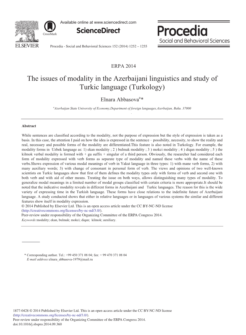 The Issues of Modality in the Azerbaijani Linguistics and Study of Turkic Language (Turkology)