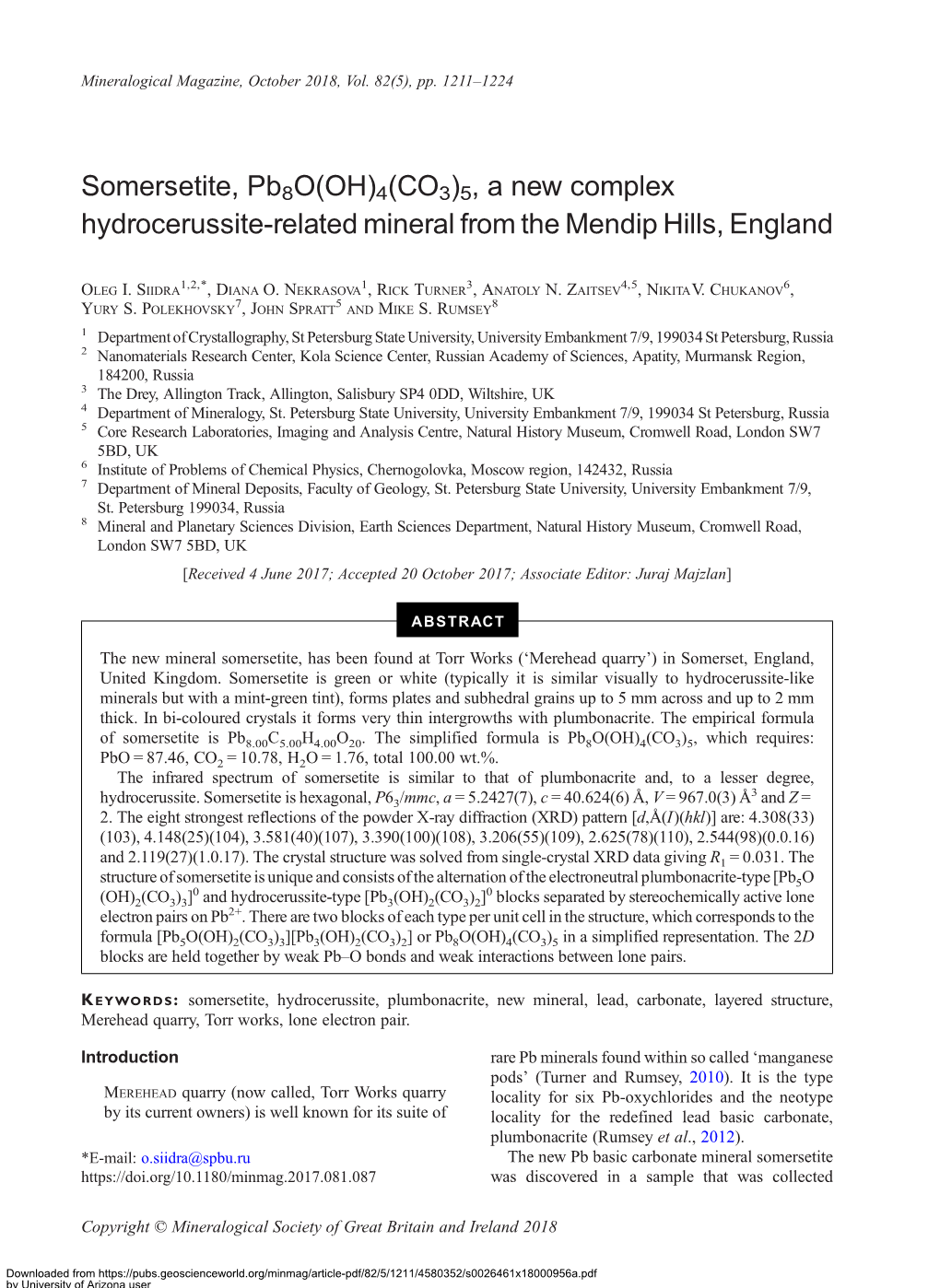 4(CO3)5, a New Complex Hydrocerussite-Related Mineral from the Mendip Hills, England