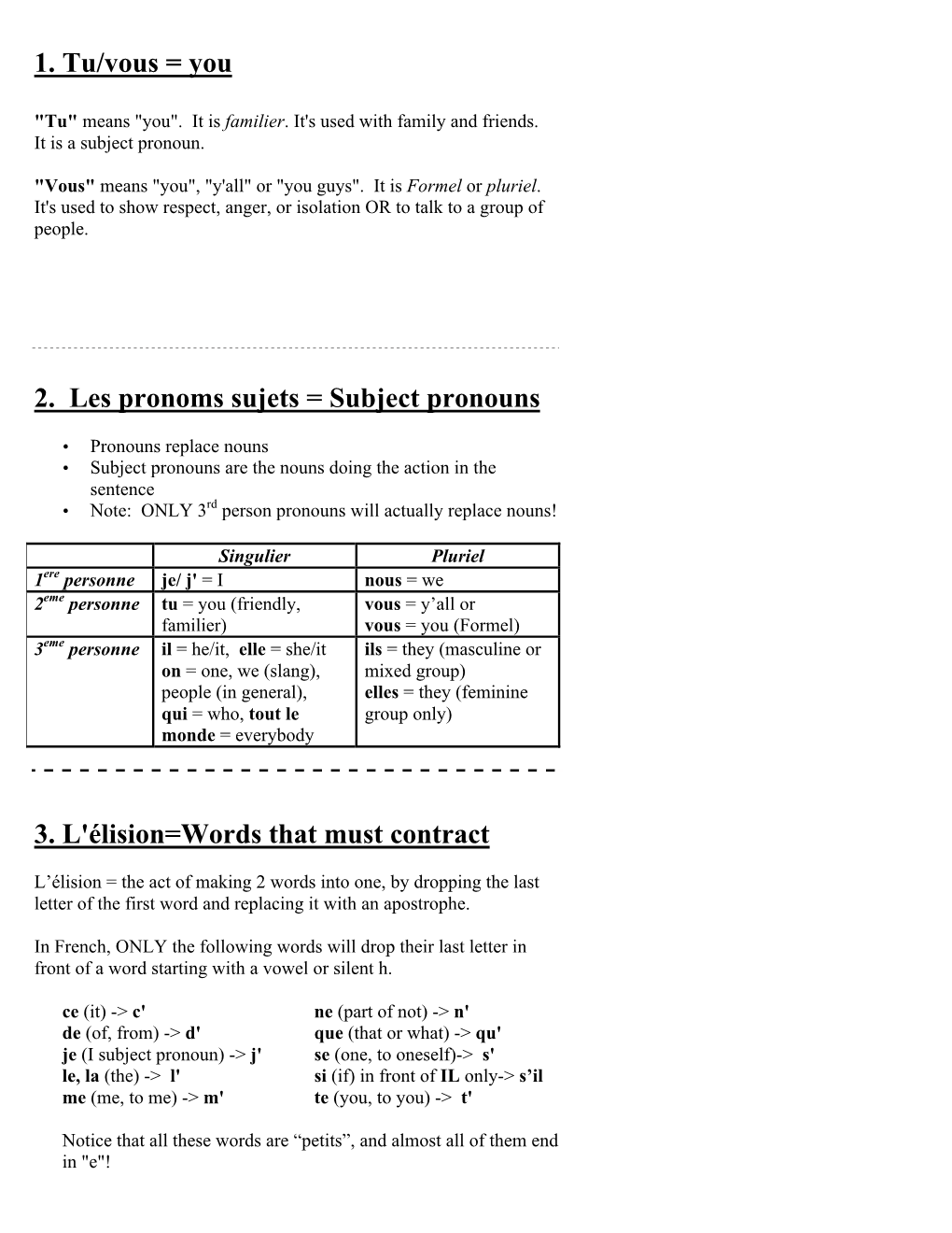 1. Tu/Vous = You 2. Les Pronoms Sujets = Subject Pronouns 3. L'élision=Words That Must Contract