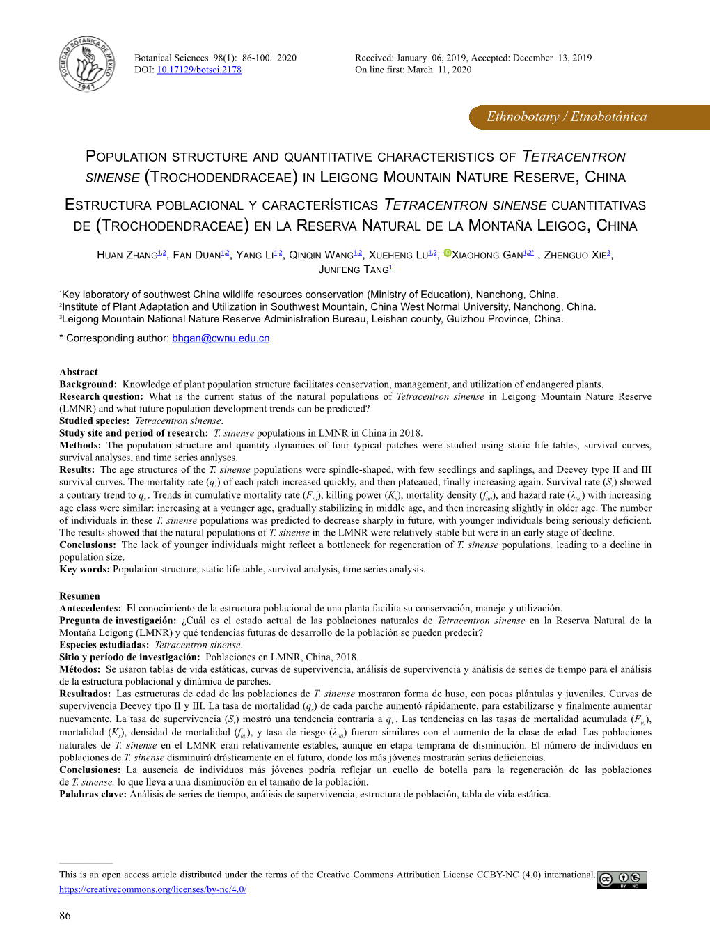 Population Structure and Quantitative Characteristics of Tetracentron Sinense (Trochodendraceae) in Leigong Mountain Nature Reserve, China