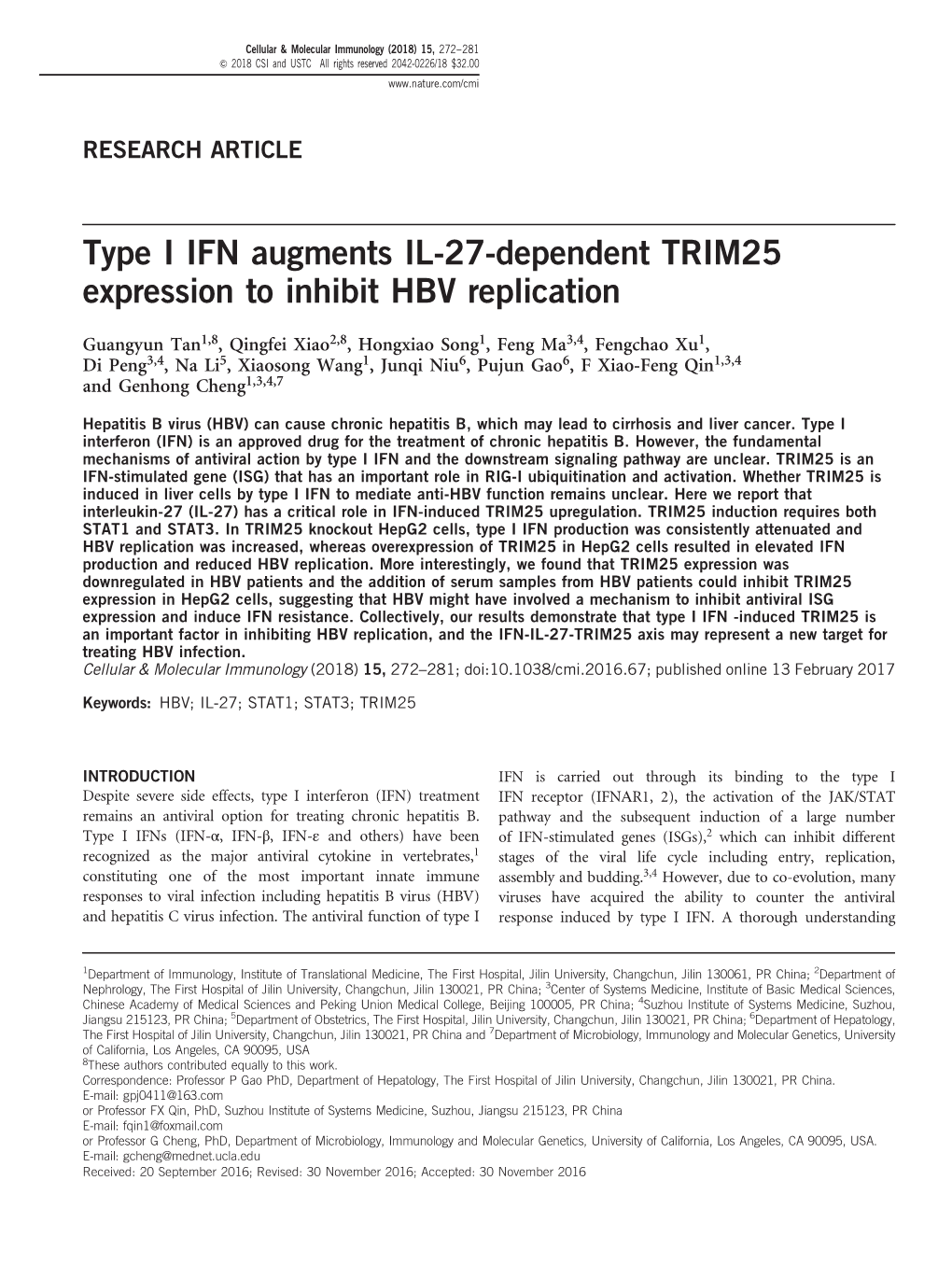 Type I IFN Augments IL-27-Dependent TRIM25 Expression to Inhibit HBV Replication
