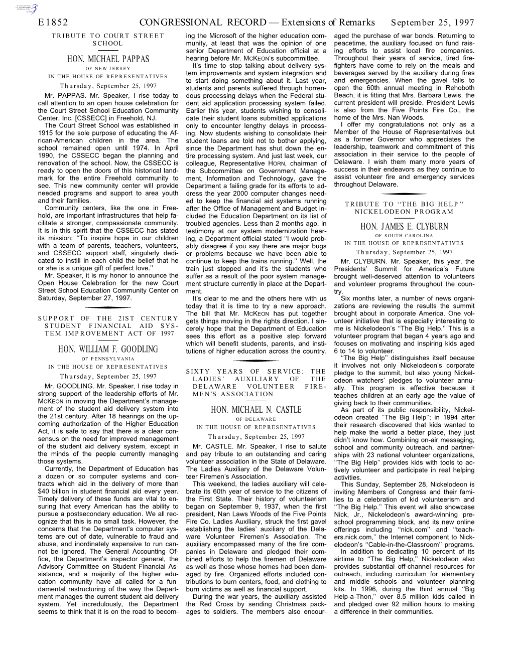 CONGRESSIONAL RECORD— Extensions of Remarks E1852 HON