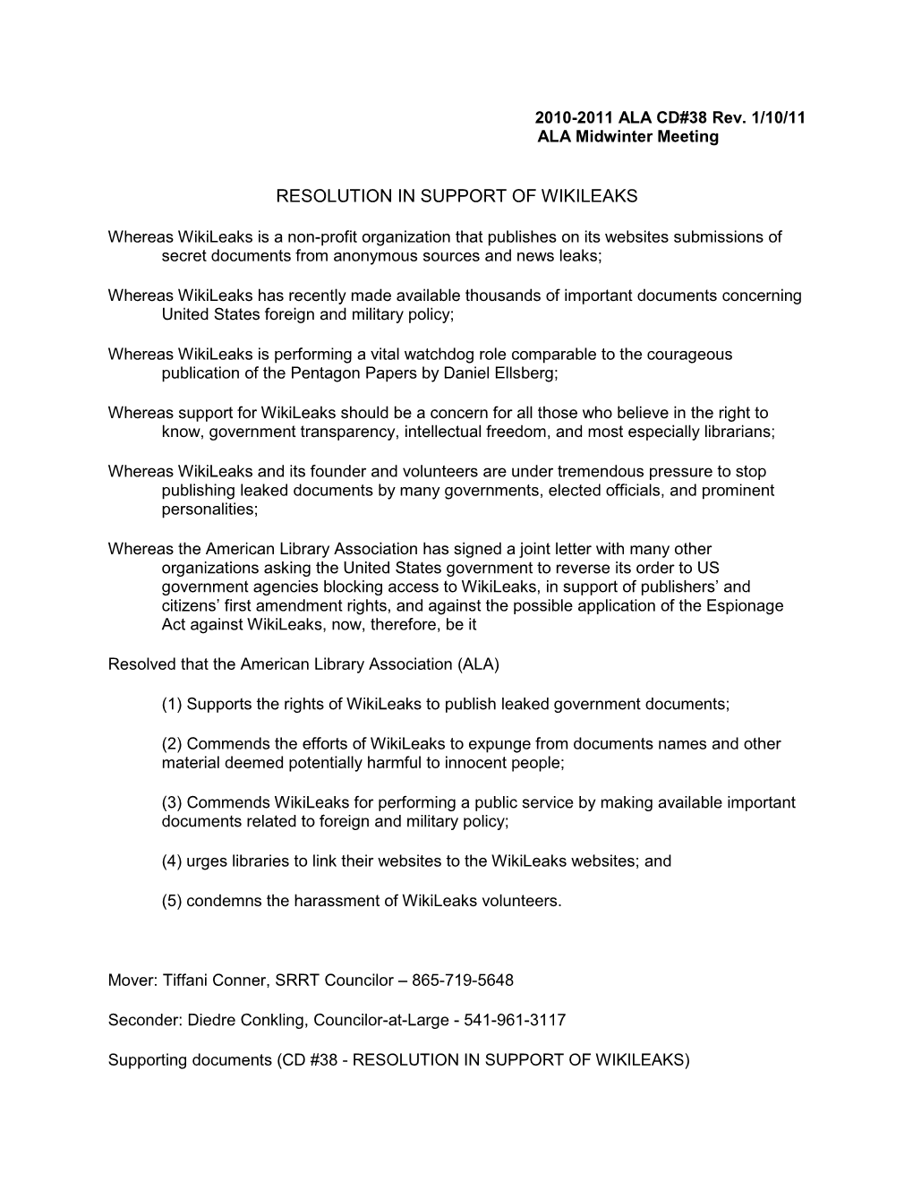 Resolution in Support of Wikileaks