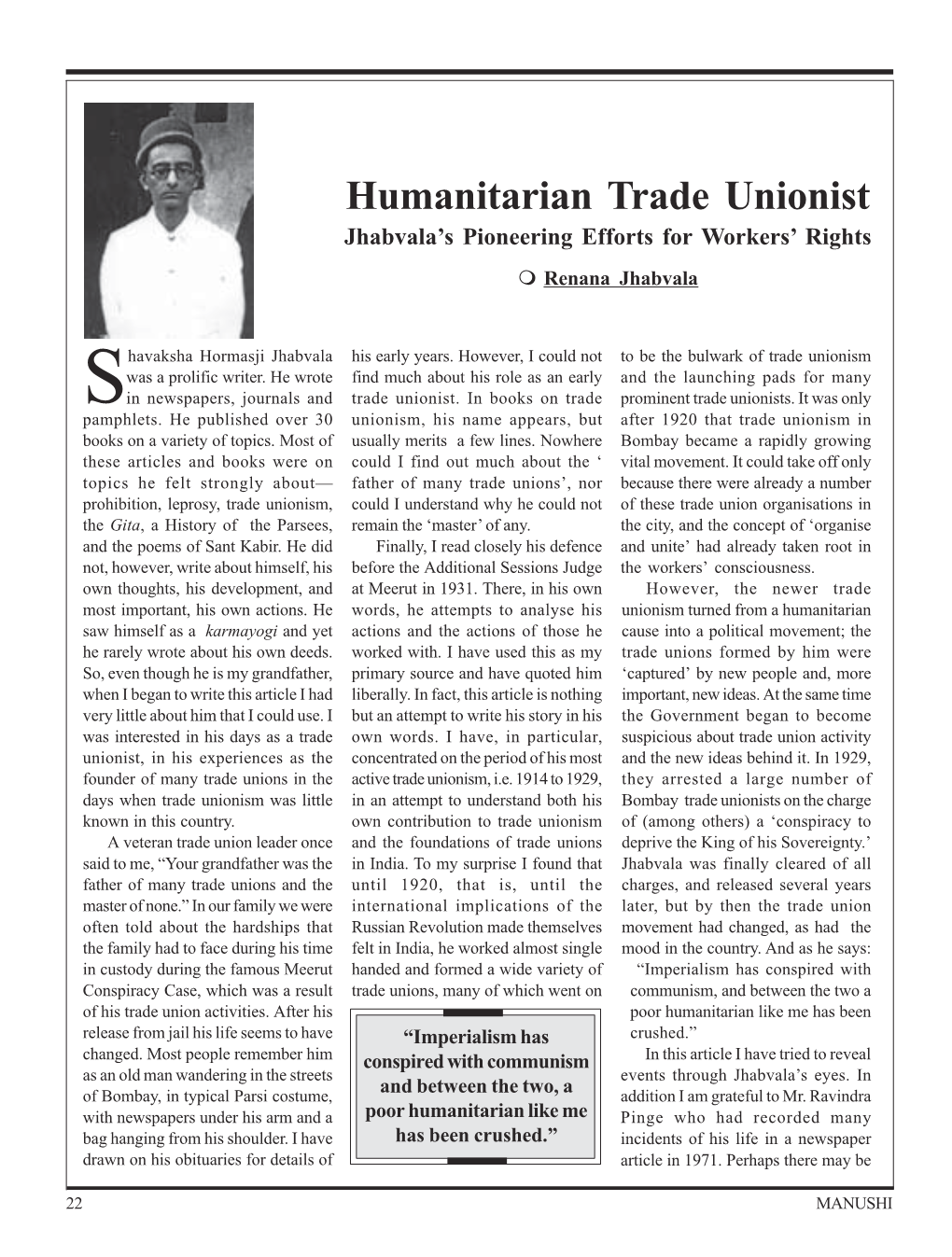 Humanitarian Trade Unionist Jhabvala’S Pioneering Efforts for Workers’ Rights