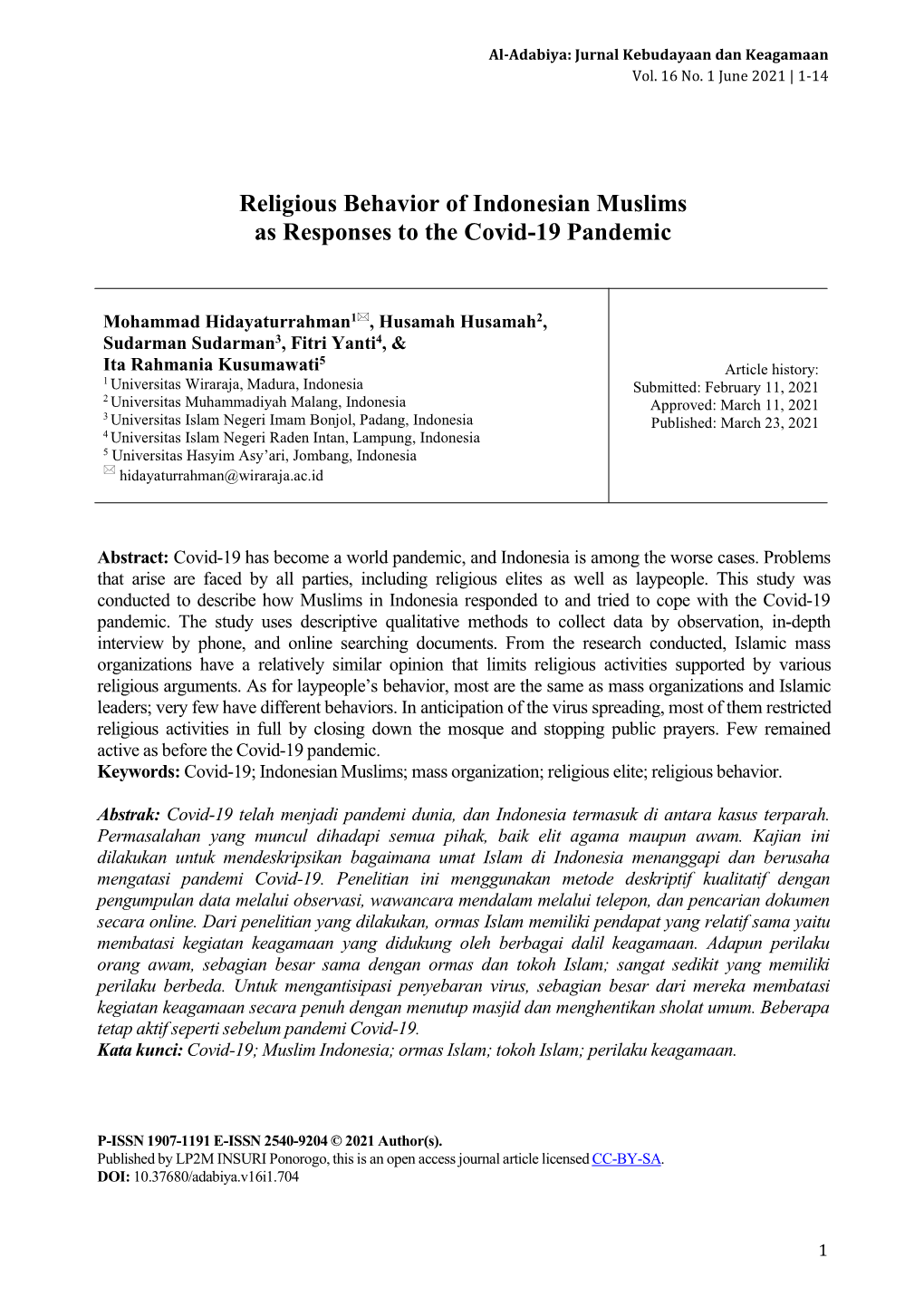 Religious Behavior of Indonesian Muslims As Responses to the Covid-19 Pandemic