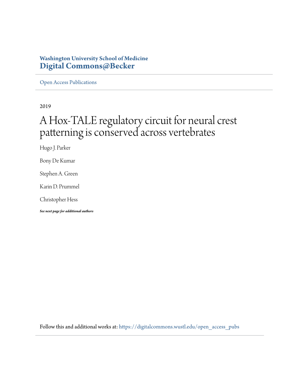 A Hox-TALE Regulatory Circuit for Neural Crest Patterning Is Conserved Across Vertebrates Hugo J