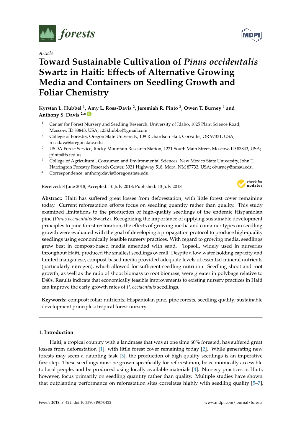 Toward Sustainable Cultivation of Pinus Occidentalis in Haiti: Effects Of