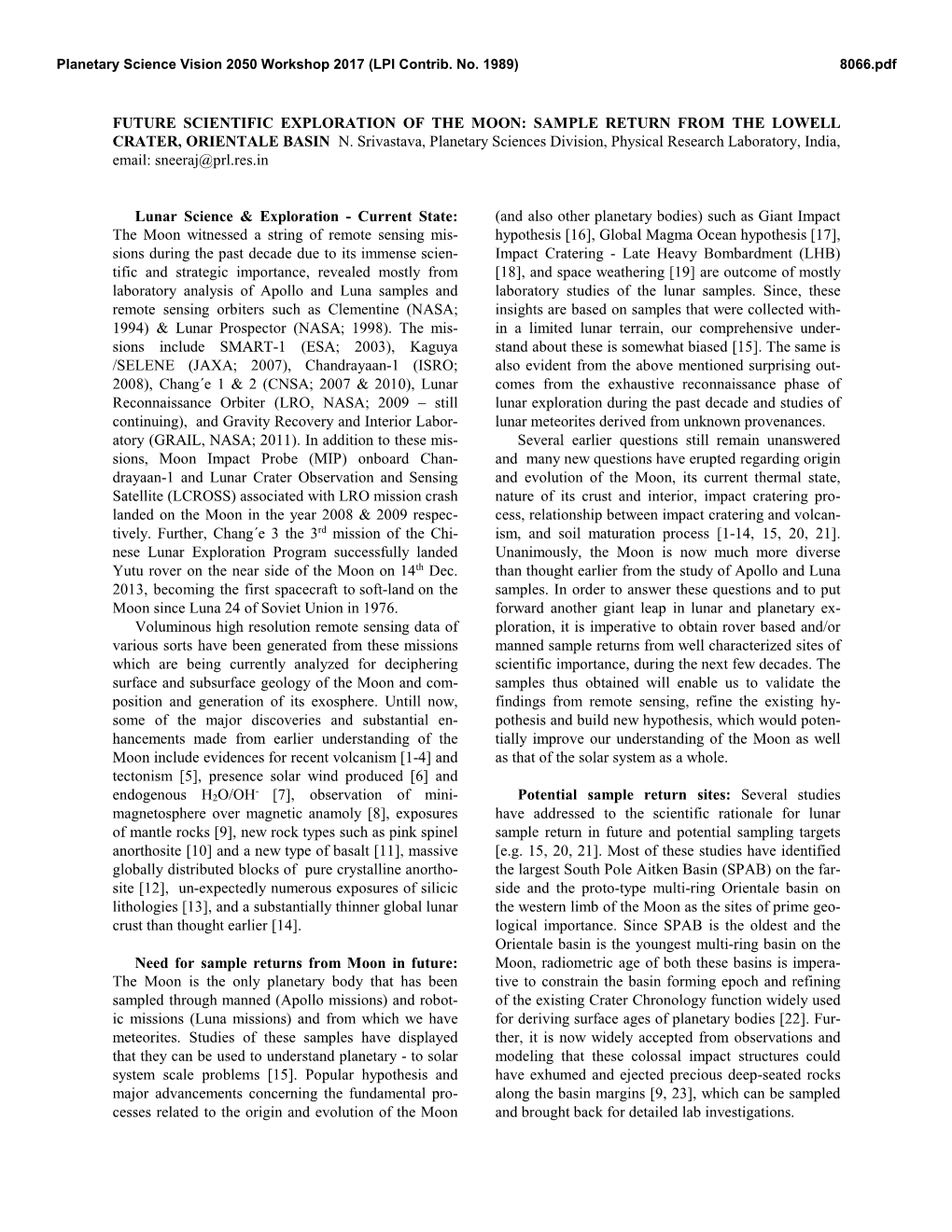 Sample Return from the Lowell Crater, Orientale Basin N