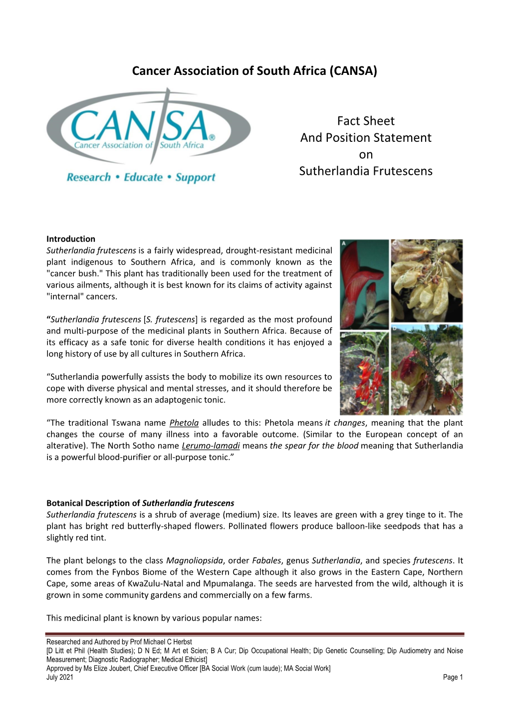 Fact Sheet and Position Statement on Sutherlandia Frutescens