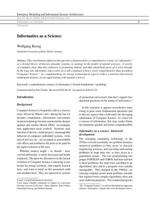 Informatics As a Science 1 Viewpoint