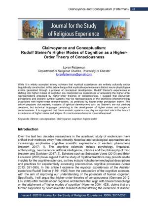 Clairvoyance and Conceptualism: Rudolf Steiner's Higher Modes of Cognition As a Higher- Order Theory of Consciousness