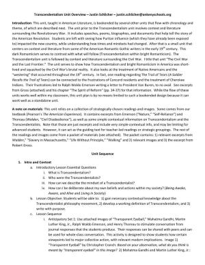 Transcendentalism Unit Overview – Justin Schlicher – Justin.Schlicher@Ankenyschools.Org