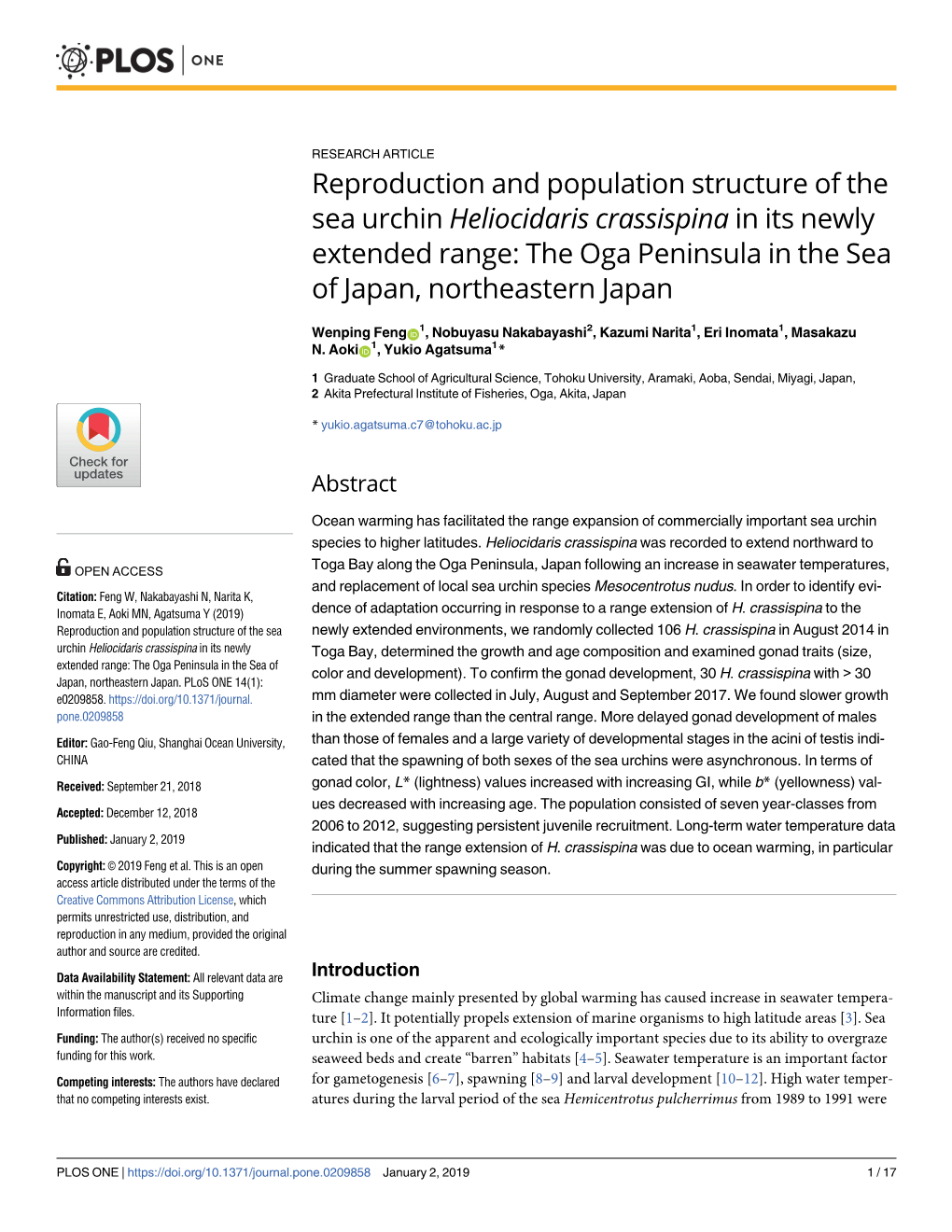 Reproduction and Population Structure of the Sea Urchin Heliocidaris