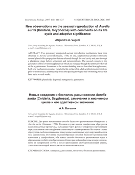 New Observations on the Asexual Reproduction of Aurelia Aurita (Cnidaria, Scyphozoa) with Comments on Its Life Cycle and Adaptive Significance