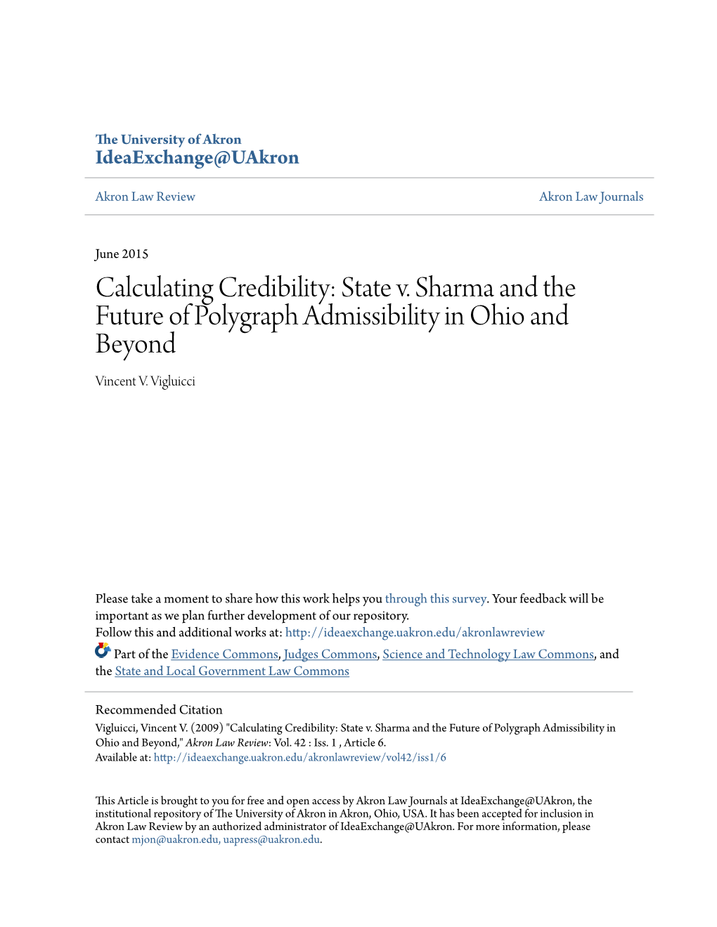 State V. Sharma and the Future of Polygraph Admissibility in Ohio and Beyond Vincent V