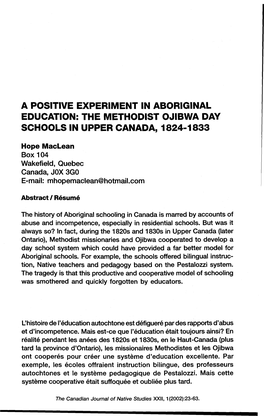 A Positive Experiment in Aboriginal Education: the Methodist Ojibwa Day Schools in Upper Canada, 1824-1833