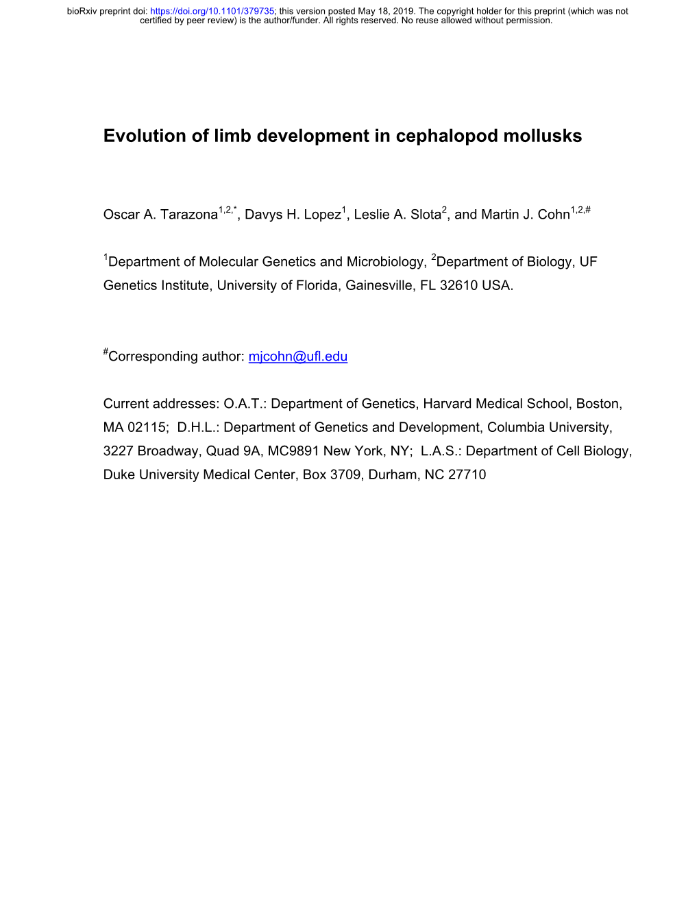 Evolution of Limb Development in Cephalopod Mollusks
