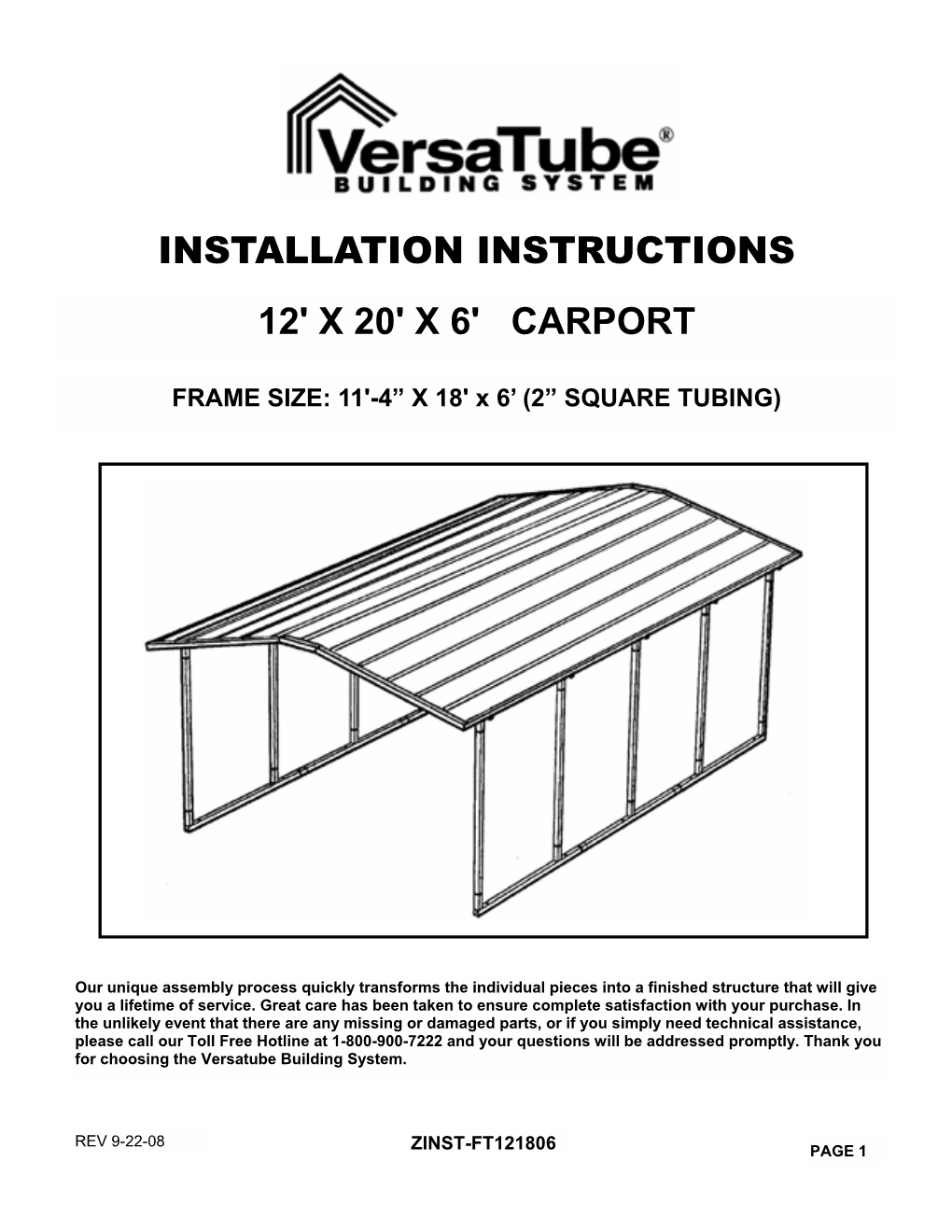 Installation Instructions 12' X 20' X 6' Carport