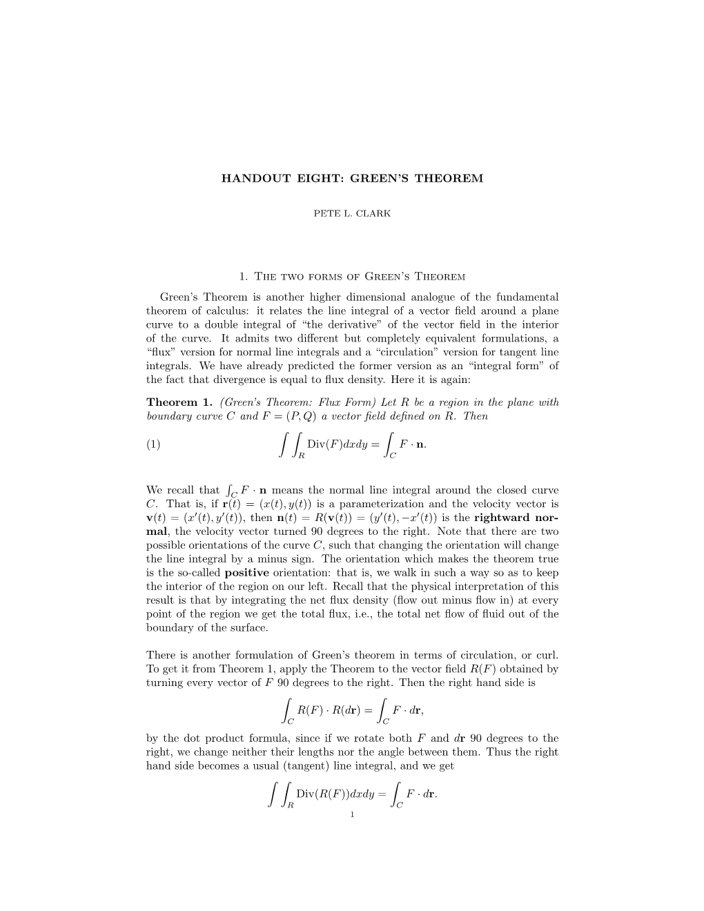 HANDOUT EIGHT: GREEN's THEOREM 1. the Two Forms Of