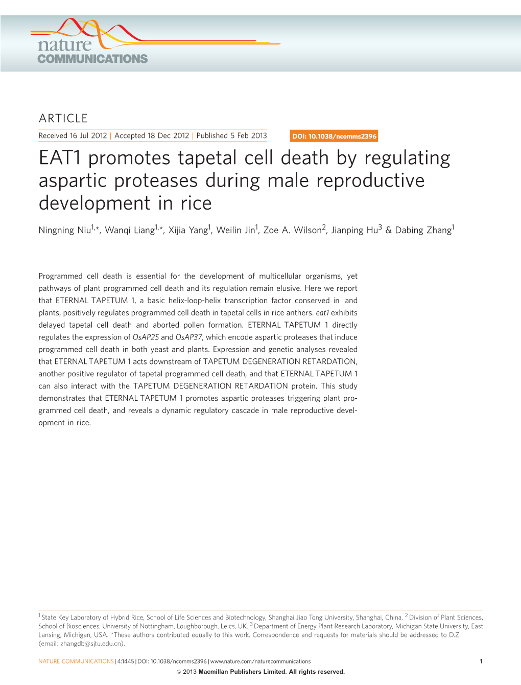 EAT1 Promotes Tapetal Cell Death by Regulating Aspartic Proteases During Male Reproductive Development in Rice