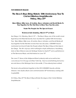 The Beach Boys Bring Historic 50Th Anniversary Tour to Cricket Wireless Amphitheatre Friday, May 25Th