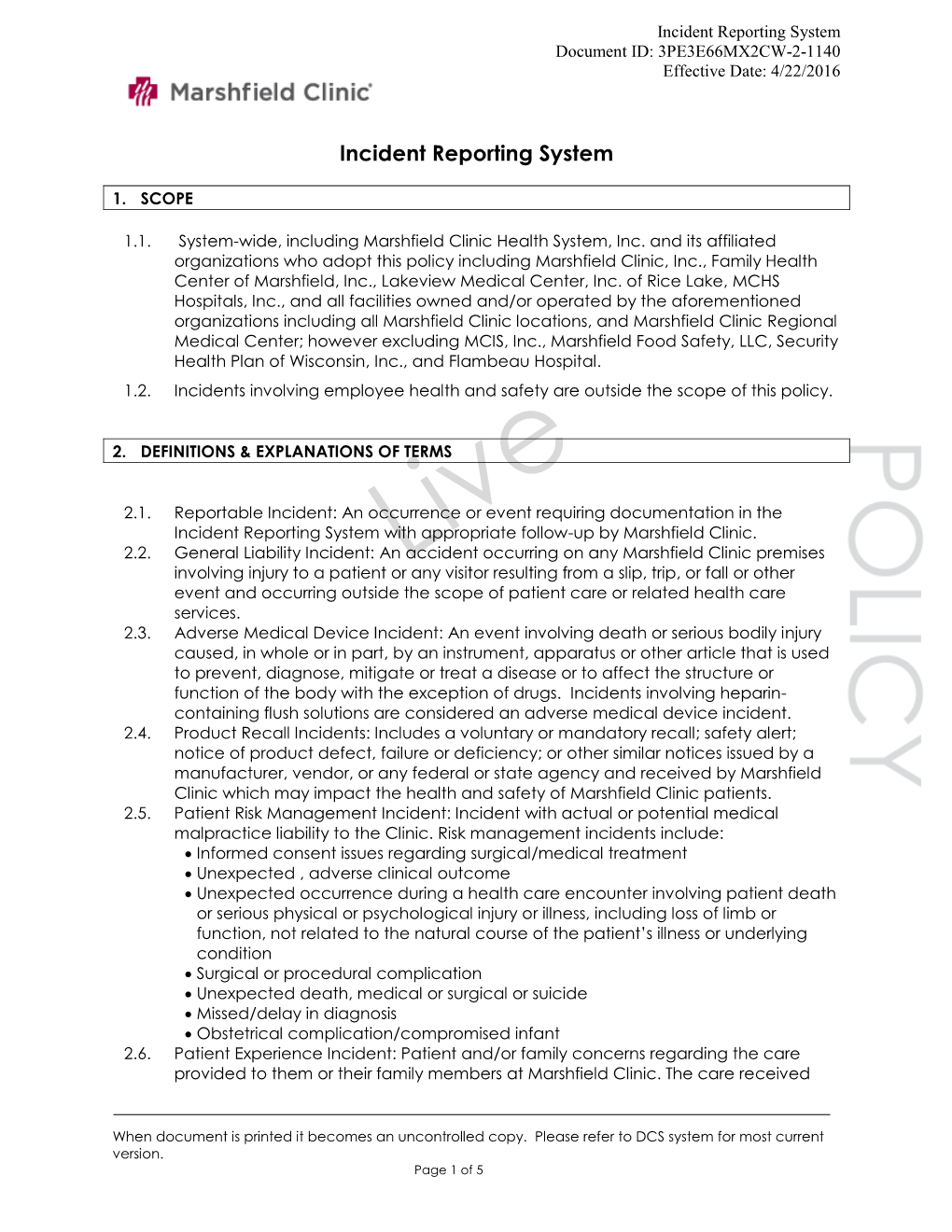 Marshfield Clinic Incident Reporting System Policy
