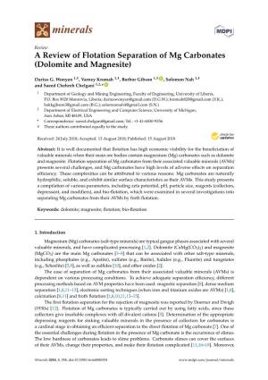 A Review of Flotation Separation of Mg Carbonates (Dolomite and Magnesite)