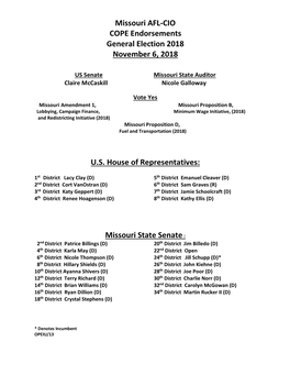 Missouri AFL-CIO COPE Endorsements General Election 2018 November 6, 2018 U.S. House of Representatives: Missouri State Senate