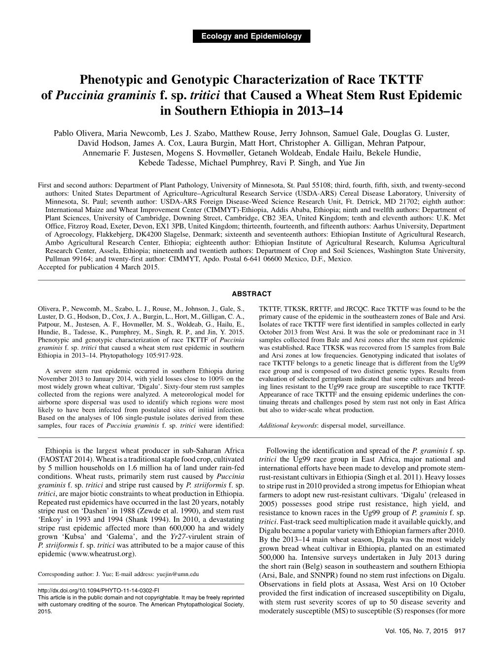 Phenotypic and Genotypic Characterization of Race TKTTF of Puccinia Graminis F