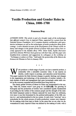 Textile Production and Gender Roles in China, 1000-1700
