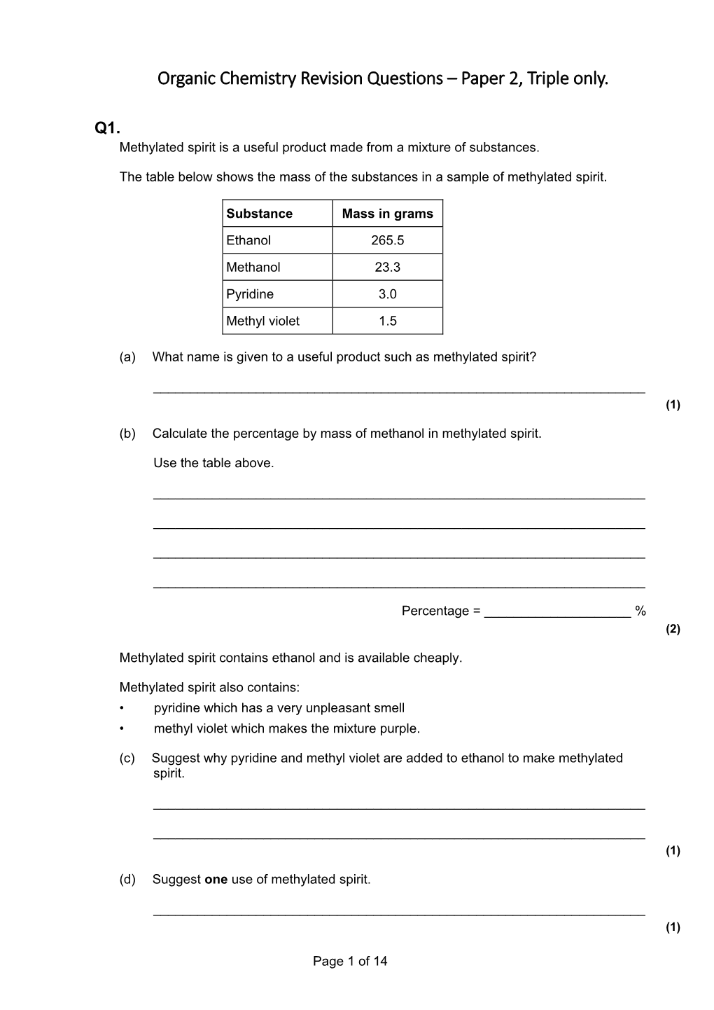 Organic Chemistry Revision Questions – Paper 2, Triple Only