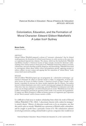 Colonization, Education, and the Formation of Moral Character: Edward Gibbon Wakefield's a Letter from Sydney