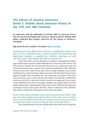 The Library of America Interviews David S. Shields About American Poetry of the 17Th and 18Th Centuries