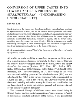 Conversion of Upper Castes Into Lower Castes: a Process of Asprashyeekaran (Encompassing Untouchability)