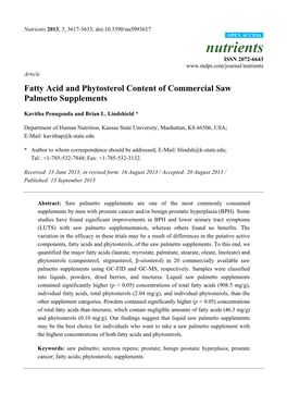 Fatty Acid and Phytosterol Content of Commercial Saw Palmetto Supplements