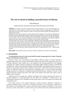 The Role of Schools in Building a Peaceful Society in Pakistan