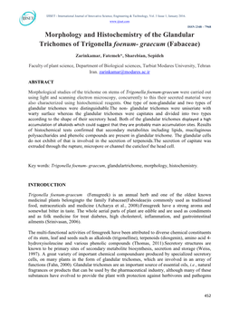Morphology and Histochemistry of the Glandular Trichomes of Trigonella Foenum- Graecum (Fabaceae)