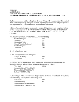 Topline August, 2016 Virginia Presidential Election Poll Institute for Policy and Opinion Research, Roanoke College