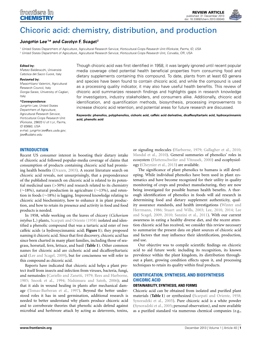 Chicoric Acid: Chemistry, Distribution, and Production