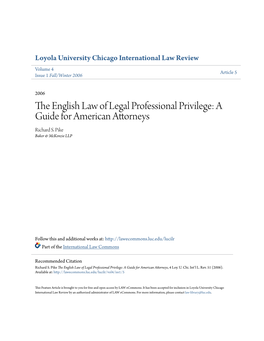 The English Law of Legal Professional Privilege: a Guide for American Attorneys, 4 Loy