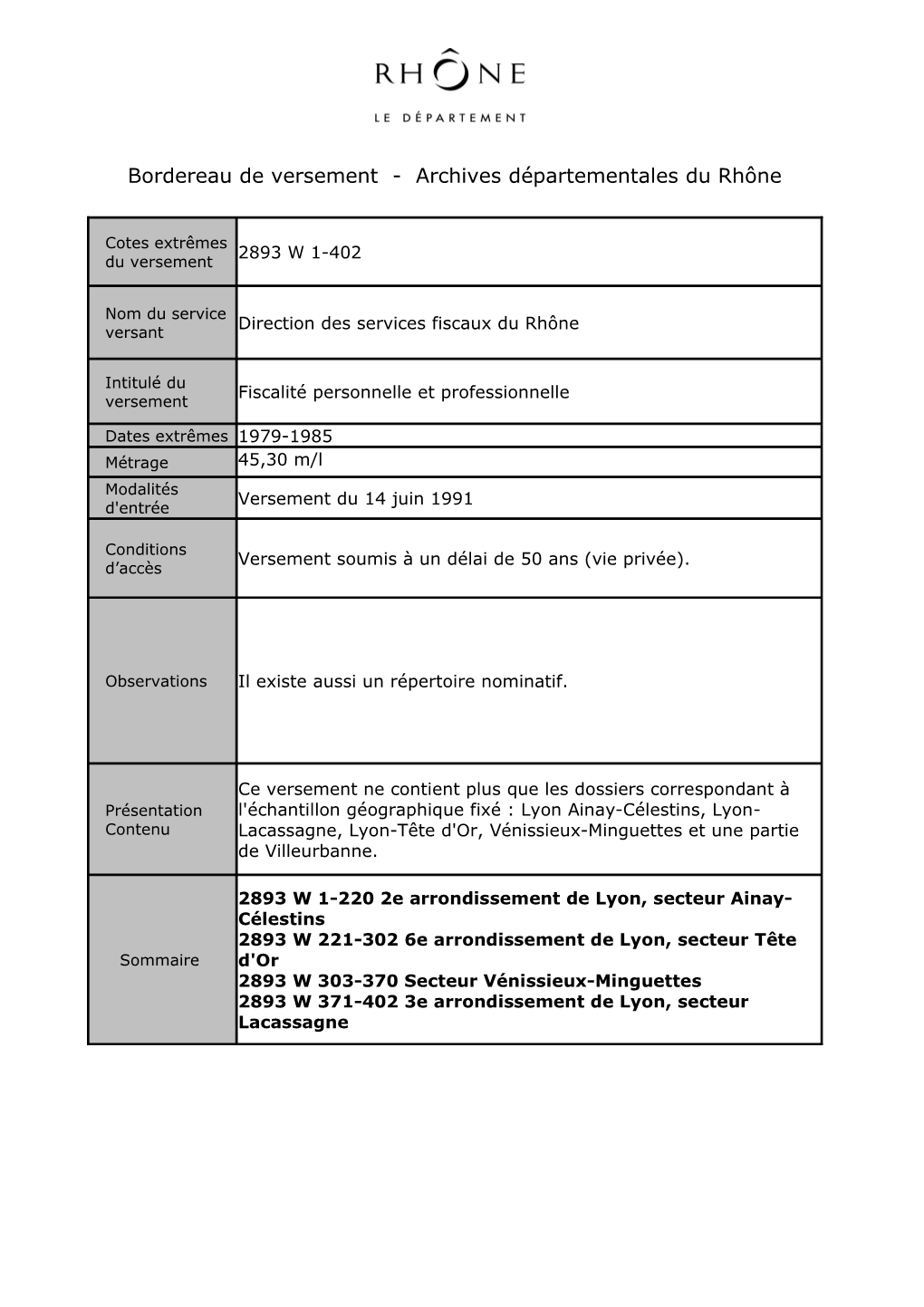 Bordereau De Versement - Archives Départementales Du Rhône