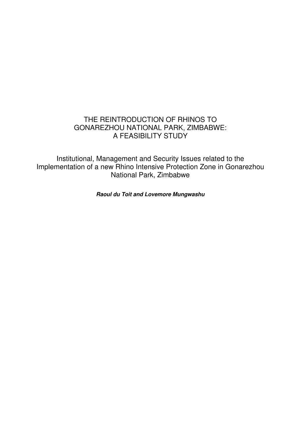 The Reintroduction of Rhinos to Gonarezhou National Park, Zimbabwe: a Feasibility Study