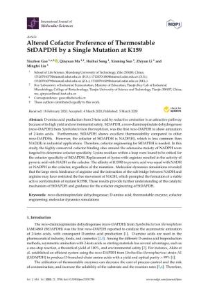 Altered Cofactor Preference of Thermostable Stdapdh by a Single Mutation at K159