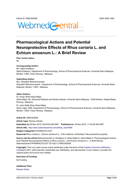 Pharmacological Actions and Potential Neuroprotective Effects of Rhus Coriaria L