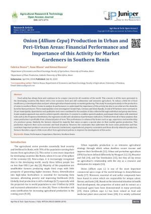 Onion (Allium Cepa) Production in Urban and Peri-Urban Areas: Financial Performance and Importance of This Activity for Market Gardeners in Southern Benin