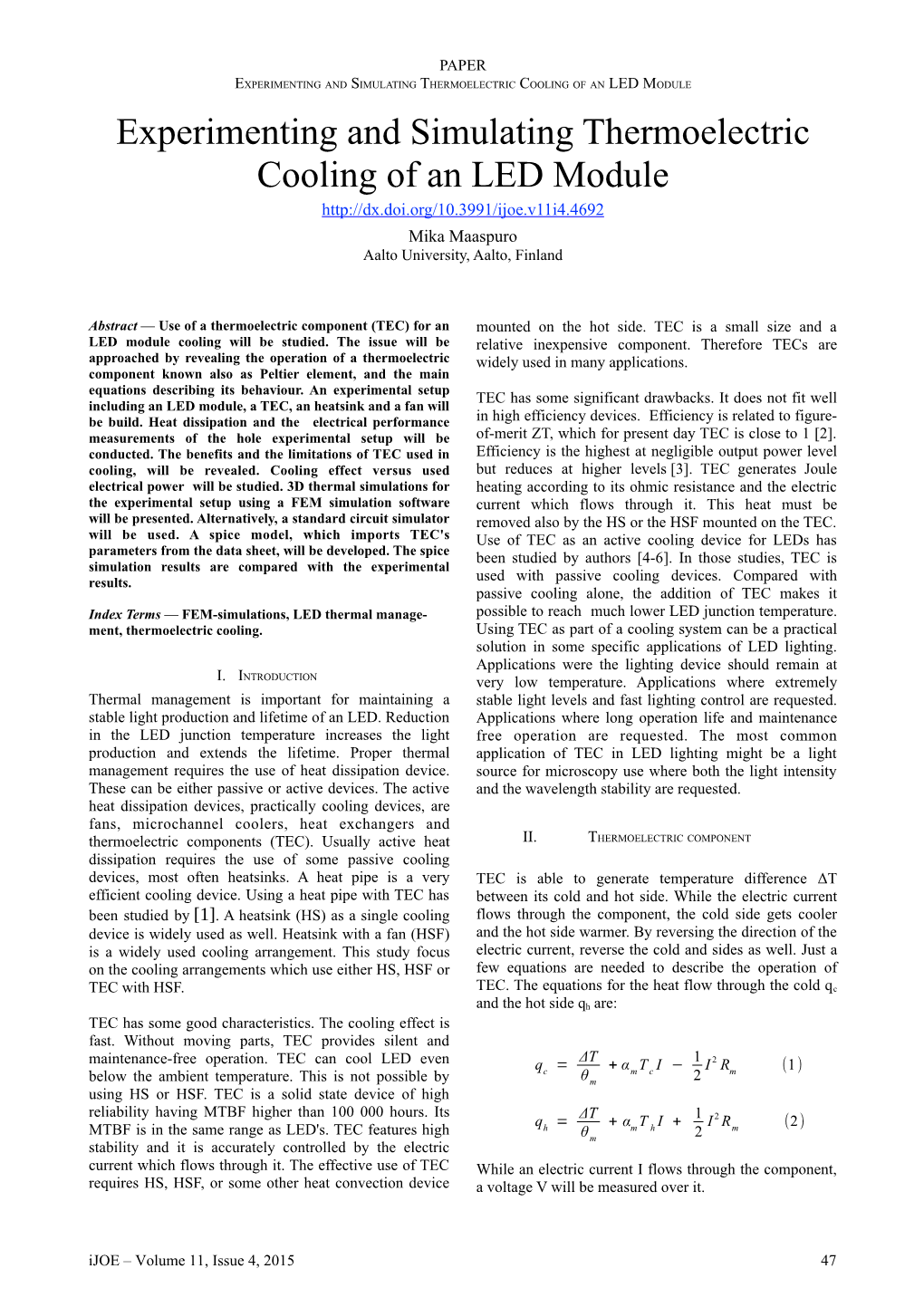 Experimenting and Simulating Thermoelectric Cooling of an LED Module