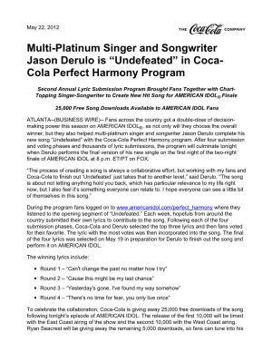 Multi-Platinum Singer and Songwriter Jason Derulo Is “Undefeated” in Coca- Cola Perfect Harmony Program