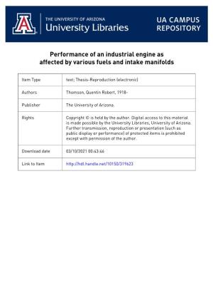 Performance Op an Industrial Engine As Affected by Various Fuels and Intake Manifolds