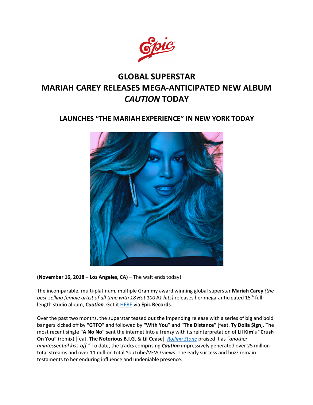 Global Superstar Mariah Carey Releases Mega-Anticipated New Album Caution Today